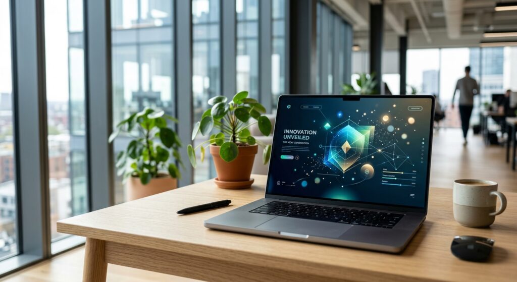 画面に「INNOVATION UNVEILED」と表示されたノートパソコンが置かれたオフィスのデスク